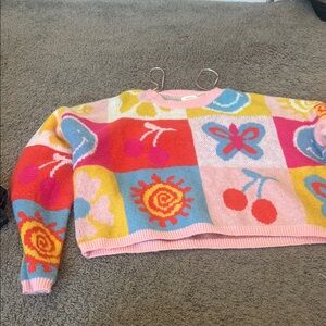 debut Pink Multi Colorblock Graphic Cropped Sweater